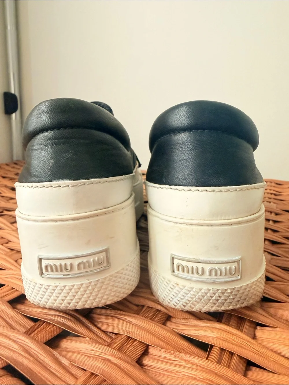 Miu Miu White and Black Slip-On Platform Sneakers with Red Patch
